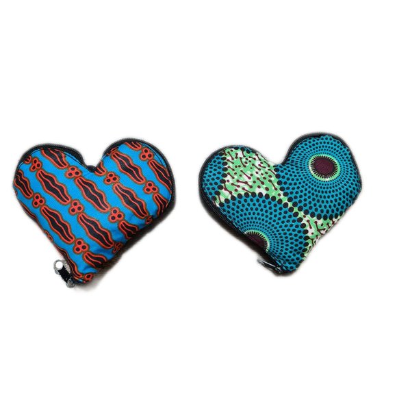 New Green Handmade Heart Shaped Compact Reusable Kitenge Shopping Bag W/Zipper - Picture 1 of 9